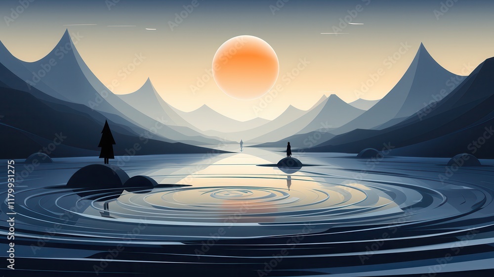 A serene digital landscape featuring mountains and a calm river under a vibrant sunset. A serene digital landscape featuring mountains and a calm river under a vibrant sunset.