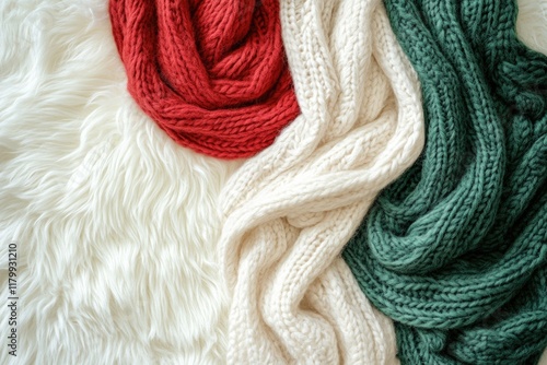 Three chunky knit scarves in red, cream, and green on a fluffy white background.