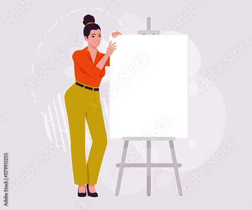 Modern businesswoman empty easel lean pose. Business lady, high waisted pants, office trousers, belt, attractive blouse female model. Vector flat style cartoon illustration on creative background