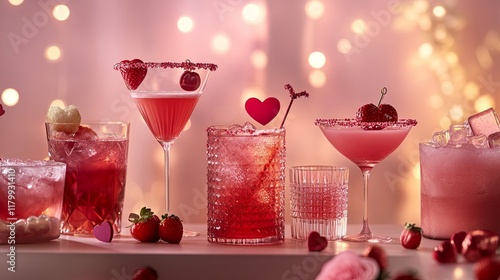 A sparkling Valentines cocktail bar serving pink and red drinks with heart garnishes photo