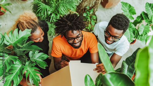 Three cheerful young adults, two men and one woman, surrounded by lush green houseplants, collaborating on a project, symbolizing teamwork, creativity, and sustainability. photo