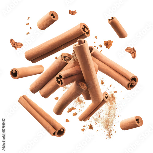 flying cinnamon sticks isolated png transparent background photo