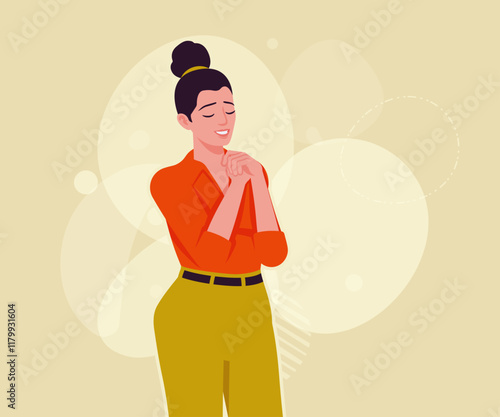 Modern businesswoman pleading pose. Business lady, high waisted pants, office trousers with belt, attractive blouse female model. Vector flat style cartoon illustration, creative background color