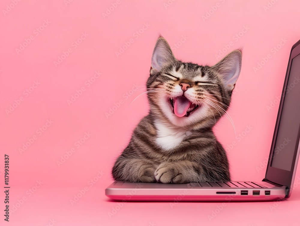 Happy Cat Laughing on a Laptop with Pink Background, Capturing the Joy and Playfulness of Pets in a Modern Digital Environment Happy Cat Laughing on a Laptop with Pink Background, Capturing the Joy and Playfulness of Pets in a Modern Digital Environment