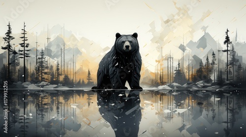 A majestic black bear stands proudly by a serene lake at dawn, surrounded by misty forest and mountains.