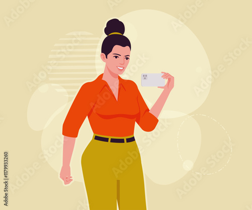 Modern businesswoman smartphone use pose. Business lady, high waisted pants, office trousers with belt, attractive blouse female model. Vector flat style cartoon illustration creative background color