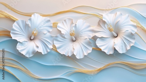Elegant White Hibiscus Flowers on Serene Blue and Gold Waves