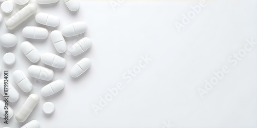 A collection of white capsules and tablets scattered on a light background. Concept White Capsules, Tablets Collection, Light Background Aesthetics, Pharmaceutical Images, Medication Photography