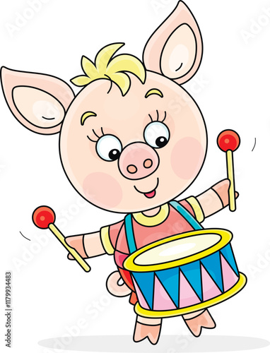 Funny cartoony little piglet merrily drumming, vector cartoon illustration on a white background