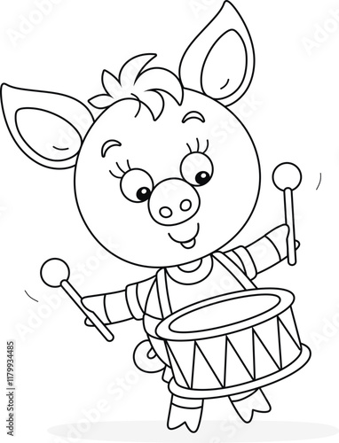 Funny cartoony little piglet merrily drumming, black and white outline vector cartoon illustration for a coloring book
