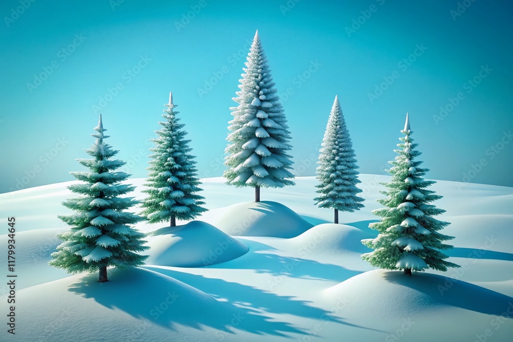 Obraz premium Minimalist Winter Scene: Five Snow-Dusted Pine Trees on White Drift Against Blue