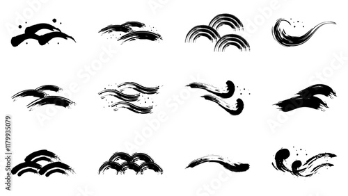 筆　ブラシ　手書き　波　セット　ベクター　和風　素材　黒