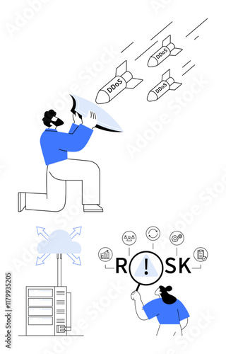 Man defending server from DDoS attacks with shield, cloud infrastructure, and risk analysis. Ideal for cybersecurity, data protection, cloud computing, IT security, business resilience, risk