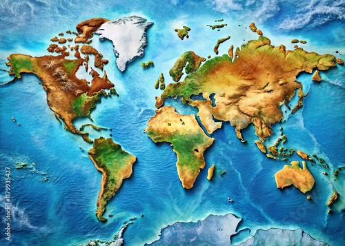 Minimalist World Map with Bathymetry - America Centered