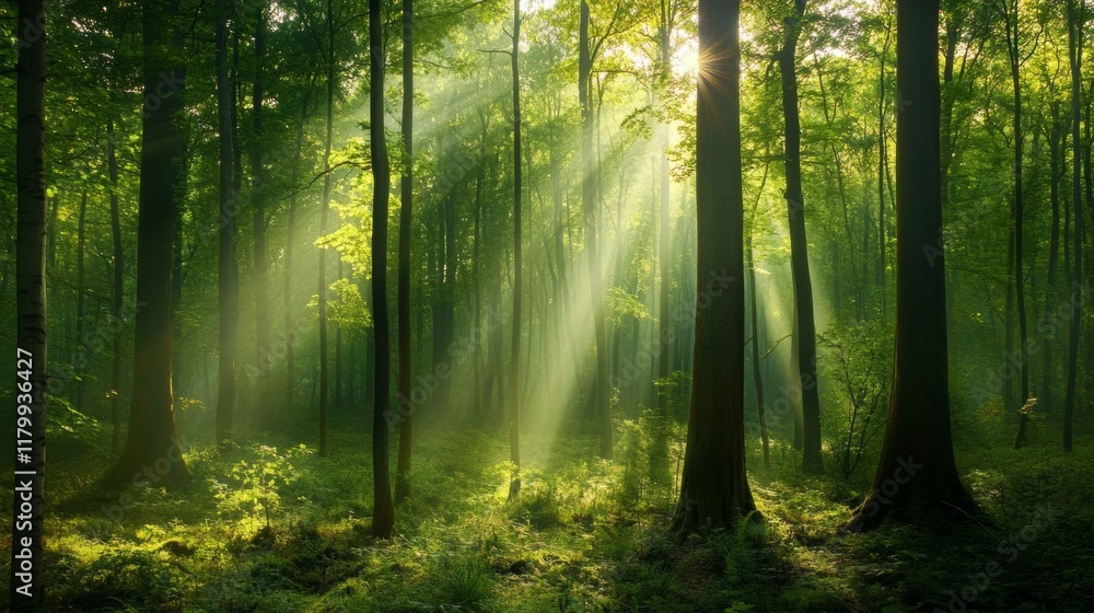 Sunlit Forest: Mystical Green Canopy with Golden Rays Sunlit Forest: Mystical Green Canopy with Golden Rays