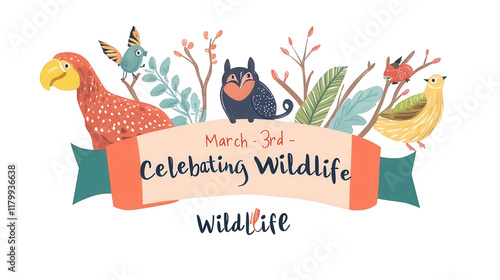 Flat Vector Ribbon Design with March 3rd - Celebrate Wildlife Label, World Wildlife Day, transparent background, isolated on white, PNG file
 photo