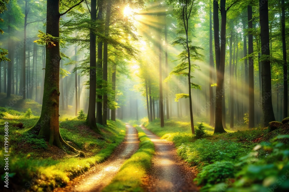 Obraz premium Misty Morning Woods: Enchanting Tilt-Shift Forest Scene