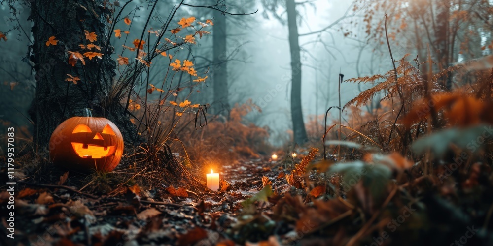 Mystical Halloween: Candlelit Forest with Pumpkins in Misty Autumn Night Mystical Halloween: Candlelit Forest with Pumpkins in Misty Autumn Night