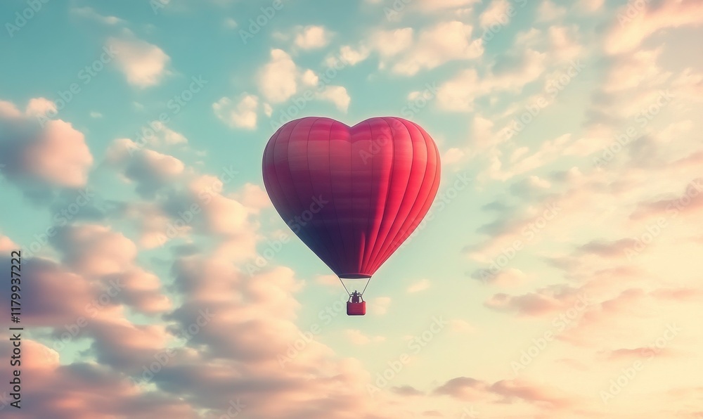 Fototapeta premium Romantic hot air balloon shaped like a heart, floating in a soft pastel sky