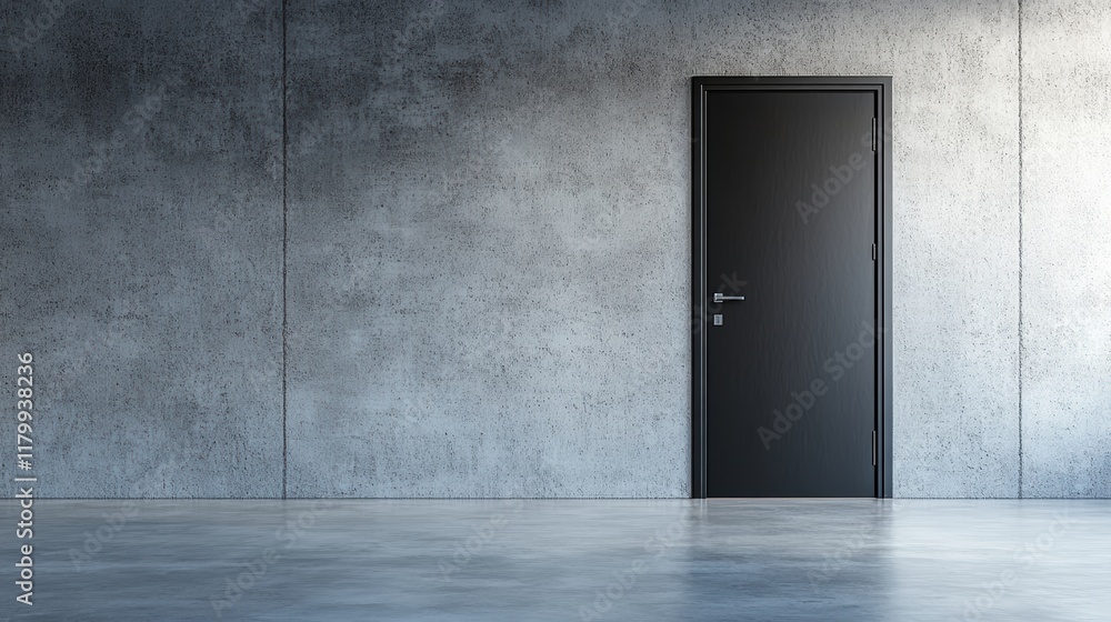 A Black Door Set Against a Gritty Concrete Wall Symbolizing Mystery and Intrigue in a Minimalist Industrial Space A Black Door Set Against a Gritty Concrete Wall Symbolizing Mystery and Intrigue in a Minimalist Industrial Space