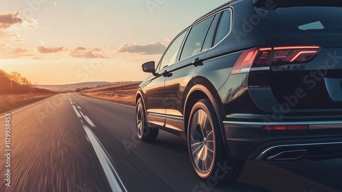 A fast luxury SUV driving on the road with motion and speed