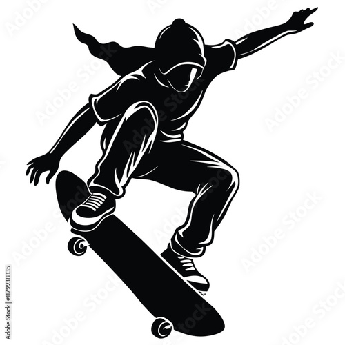 Vector silhouette of a skateboarder performing a trick, captured mid-air with the skateboard flipped underfoot. 