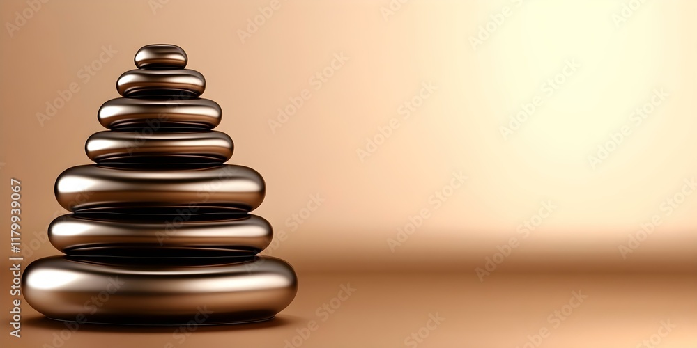 Obraz premium A series of smooth, shiny, stacked stones arranged in a pyramid shape against a warm, neutral background. Concept Zen Garden Aesthetics, Stone Stacking Art, Minimalist Decor, Relaxation Inspiration