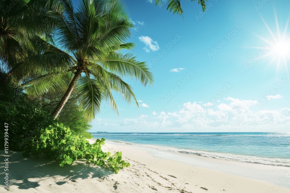 Tropical Beach Paradise: Palm Tree, White Sand, and Azure Sea Tropical Beach Paradise: Palm Tree, White Sand, and Azure Sea