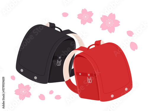 赤と黒のランドセルと桜のイラスト素材