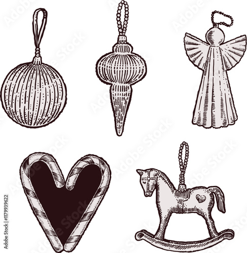 lineart of christmas tree ornaments, in a inkpen style