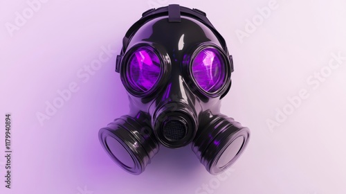 A cutting-edge chemical gas mask with scratched metal filters for protection. A contemporary military respirator in black and gray, highlighted with neon lights. 3D illustration of air pollution photo