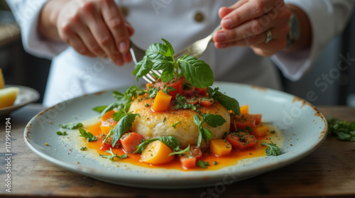 Wallpaper Mural  A chef skillfully garnishes a colorful dish with fresh herbs and vegetables in a modern kitchen setting Torontodigital.ca