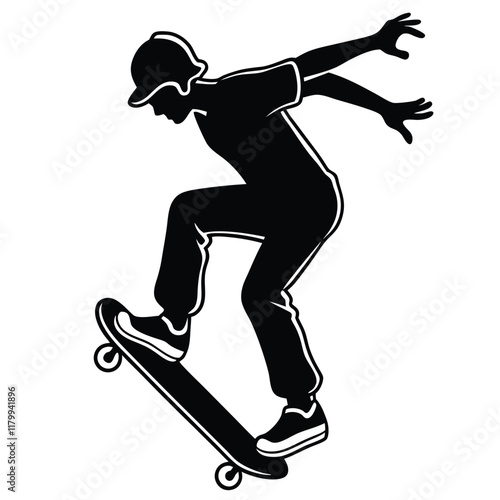 Vector silhouette of a skateboarder performing a trick, captured mid-air with the skateboard flipped underfoot. 