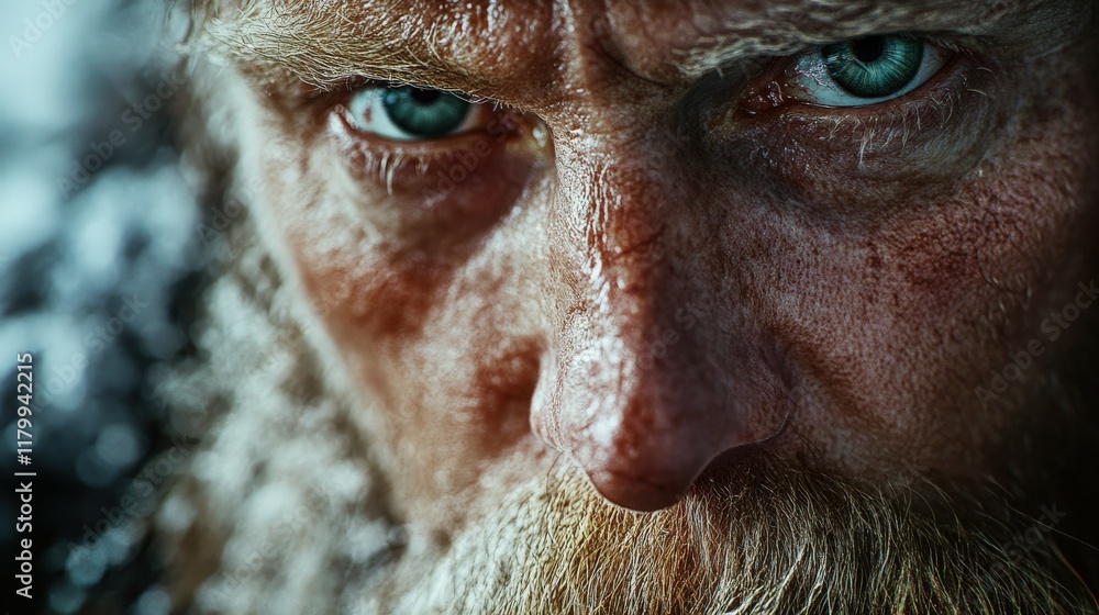 Intense close-up of a rugged man with striking blue eyes and a beard Intense close-up of a rugged man with striking blue eyes and a beard