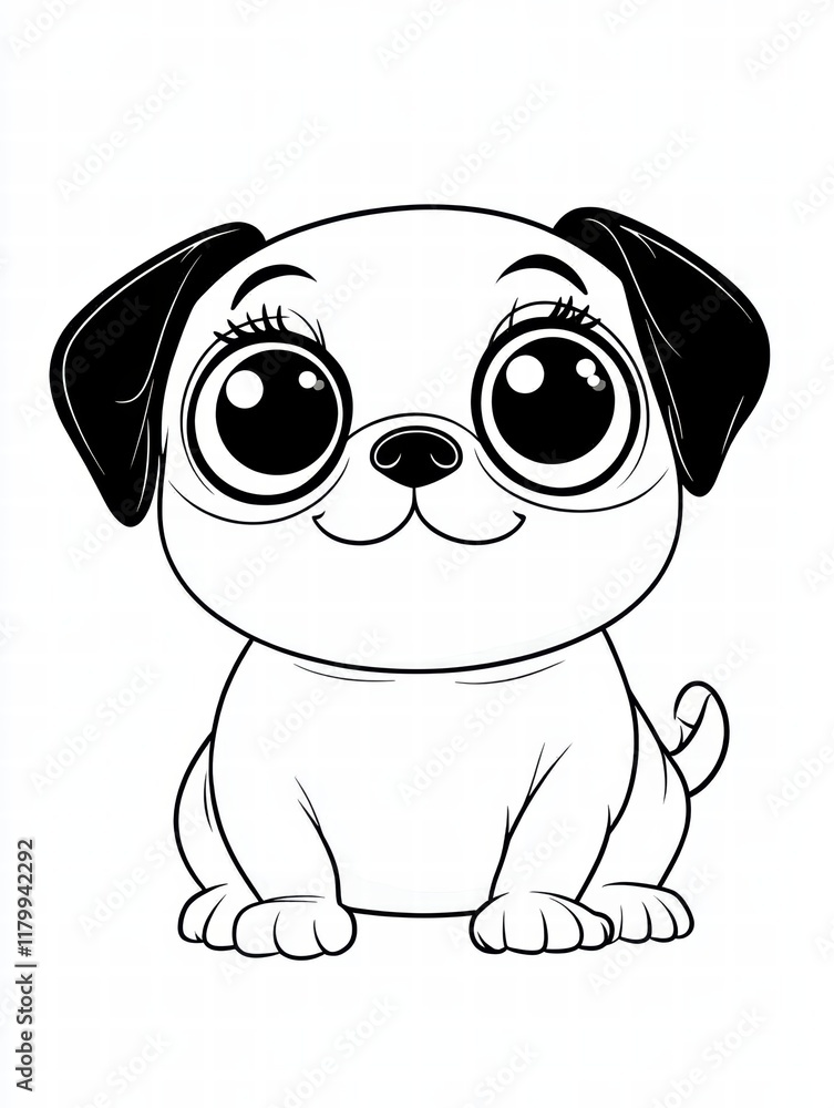 Adorable Cartoon Pug: A charming, large-eyed pug puppy ready for coloring. Perfect for children's books, greeting cards, and more. Adorable Cartoon Pug: A charming, large-eyed pug puppy ready for coloring. Perfect for children's books, greeting cards, and more.
