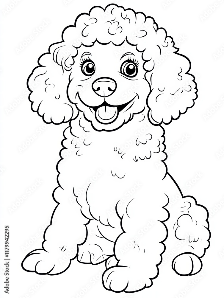 Adorable Poodle Puppy: A delightful illustration of a fluffy poodle puppy, perfect for coloring pages, children's books, and pet-themed projects.  Its cheerful expression is sure to bring a smile. 