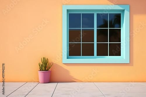 Beautiful yellow wall stands tall with a single white window in the center