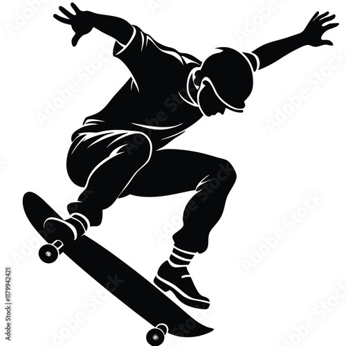 Vector silhouette of a skateboarder performing a trick, captured mid-air with the skateboard flipped underfoot. 