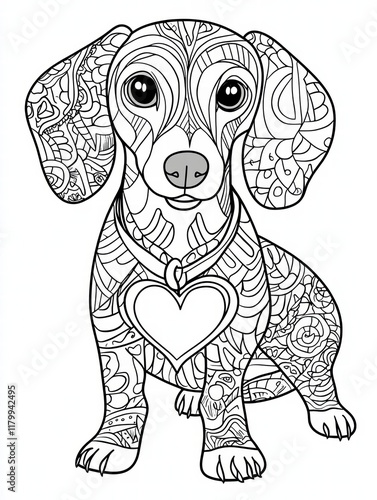 Intricate Dachshund Coloring Page:  A detailed and charming illustration of a dachshund, perfect for coloring enthusiasts and dog lovers alike.