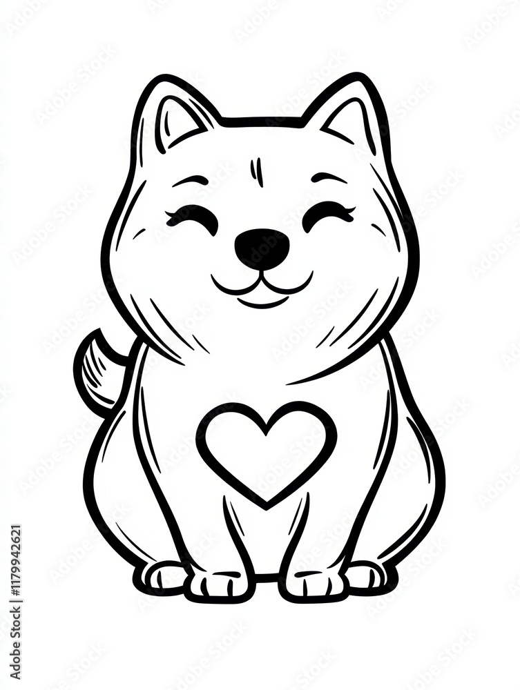 Adorable Shiba Inu with Heart: Line art illustration of a cute Shiba Inu puppy sitting with a heart on its chest. coloring page Adorable Shiba Inu with Heart: Line art illustration of a cute Shiba Inu puppy sitting with a heart on its chest. coloring page