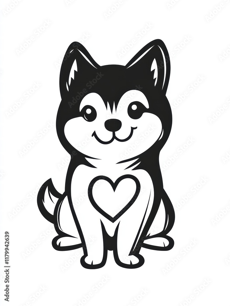 Cute Husky Puppy with Heart: A whimsical illustration of a fluffy husky puppy with a heart on its chest, radiating warmth and affection. perfect for pet lovers, children's books. Cute Husky Puppy with Heart: A whimsical illustration of a fluffy husky puppy with a heart on its chest, radiating warmth and affection. perfect for pet lovers, children's books.