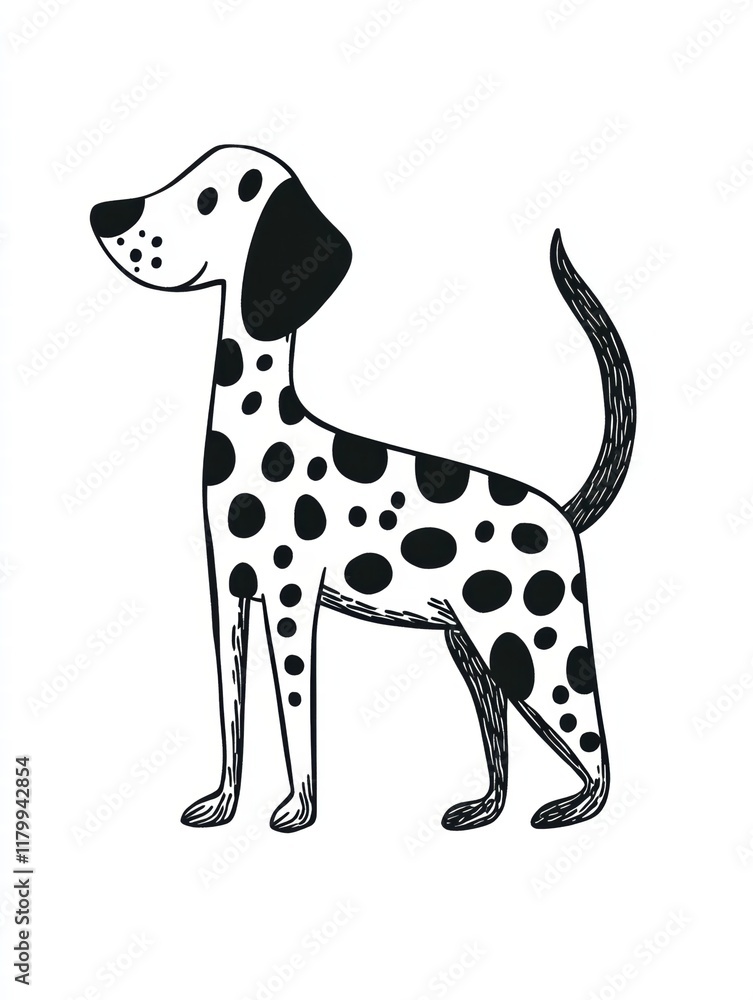 Dalmatian Dog Illustration: A charming hand-drawn illustration of a Dalmatian dog, showcasing its iconic black spots on a white coat, in a playful and simple style. Dalmatian Dog Illustration: A charming hand-drawn illustration of a Dalmatian dog, showcasing its iconic black spots on a white coat, in a playful and simple style.