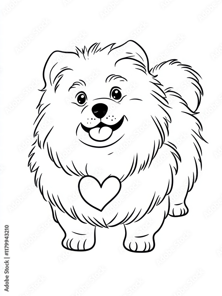Happy Pomeranian Pup: An adorable line drawing of a fluffy Pomeranian puppy with a heart on its chest, radiating joy and cuteness. Perfect for coloring pages, pet-themed designs. Happy Pomeranian Pup: An adorable line drawing of a fluffy Pomeranian puppy with a heart on its chest, radiating joy and cuteness. Perfect for coloring pages, pet-themed designs.