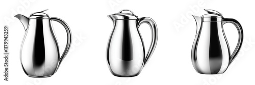Set of A close-up shot of a Dallety Steel Flask Chrome 1L placed on a wooden table with morning sunlight reflecting off its sleek surface on transparent png background