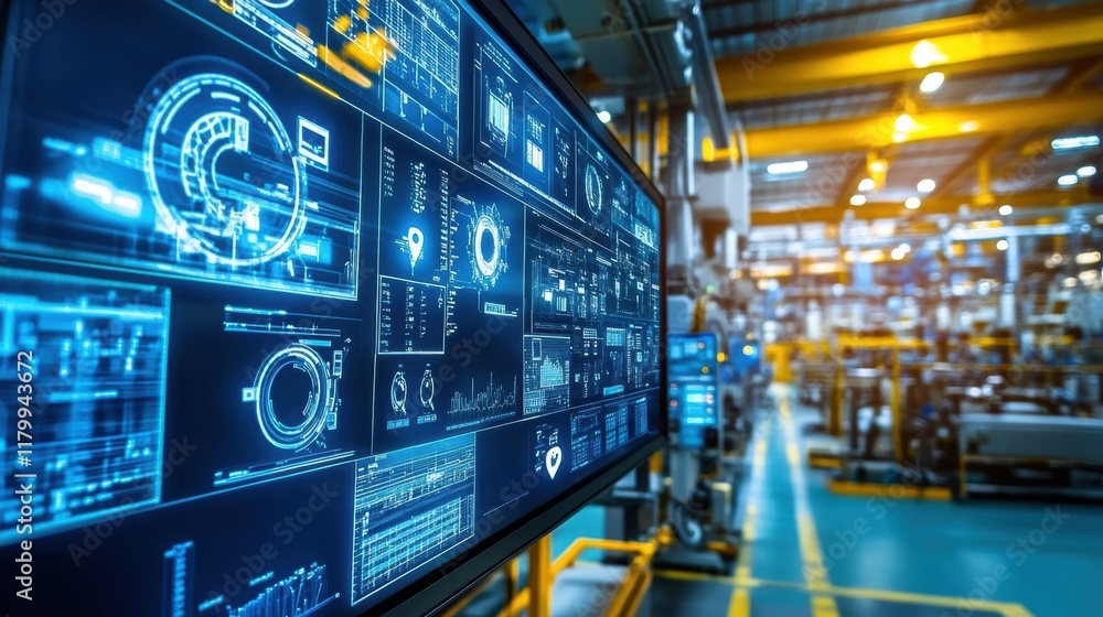 Large digital screen displaying charts, graphs, and kpis for manufacturing processes, offering engineers and managers real time insights into production efficiency and quality control Large digital screen displaying charts, graphs, and kpis for manufacturing processes, offering engineers and managers real time insights into production efficiency and quality control