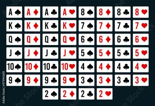 Poker deck of cards for online game with isolated cards. Set of Poker and casino playing cards, full deck. Vector illustration.