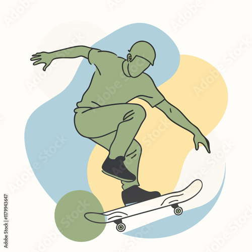 Vector silhouette of a skateboarder performing a trick, captured mid-air with the skateboard flipped underfoot. 