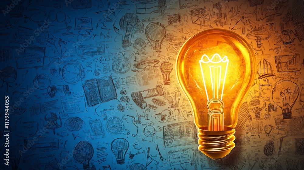 Illuminating Idea: Glowing Lightbulb Against Sketchy Blue-Orange Background Illuminating Idea: Glowing Lightbulb Against Sketchy Blue-Orange Background