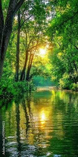 Serene sunset light reflecting off a calm river surrounded by lush trees