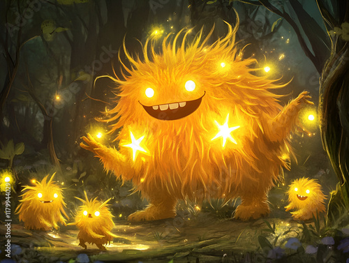 A smiling, star-shaped monster with glowing golden fur joyfully guiding lost baby monsters back to their glowing cave by lighting up the dark forest. 4K. Generative AI photo